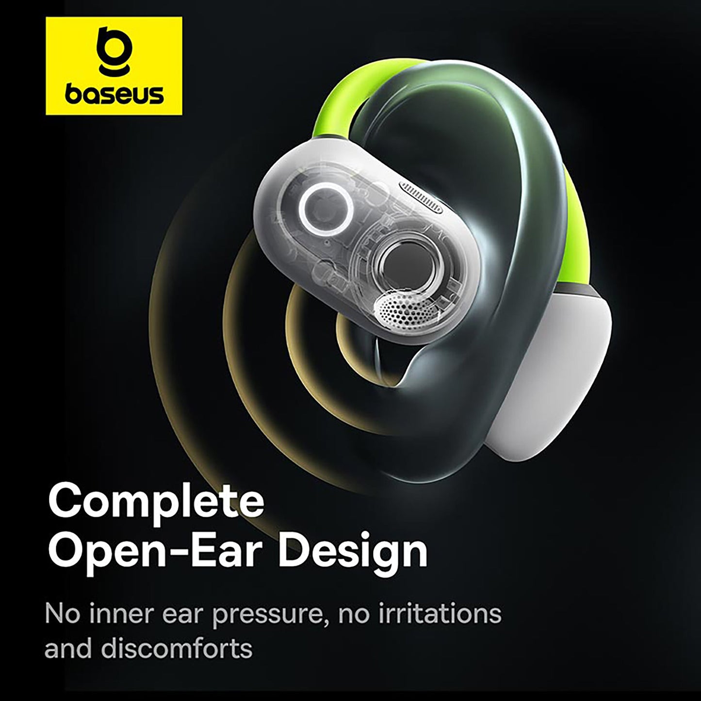 Baseus open-ear headphones on a black background with text highlighting design features.