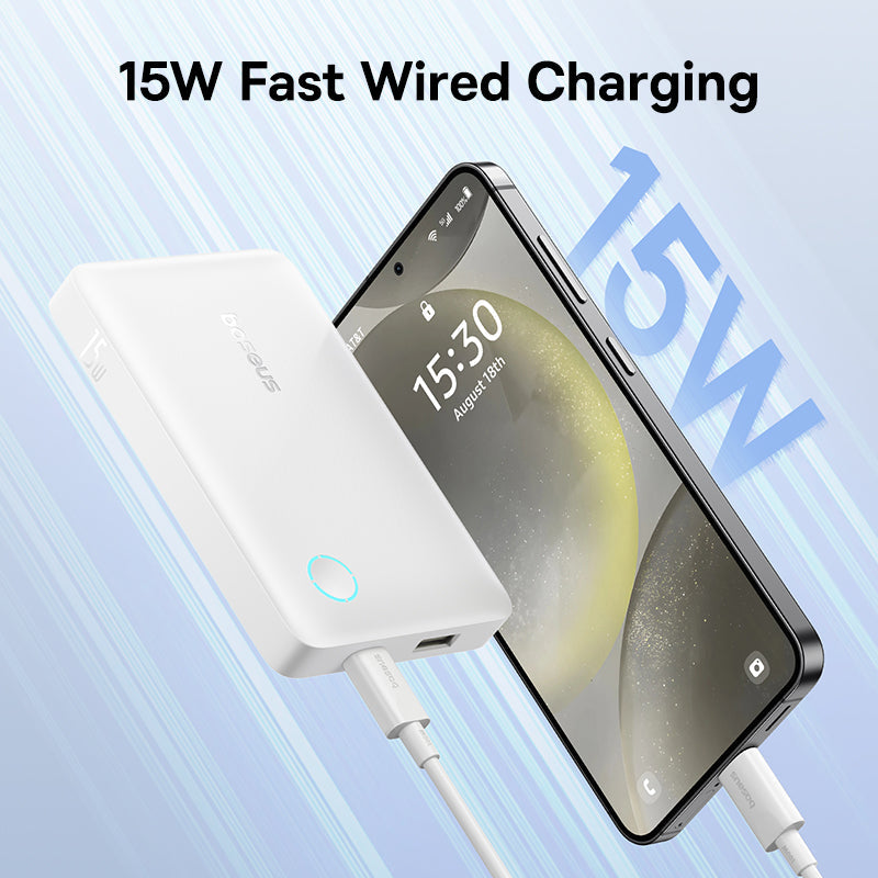 Phone being charged with a 15W fast wired charging adapter on a light blue background