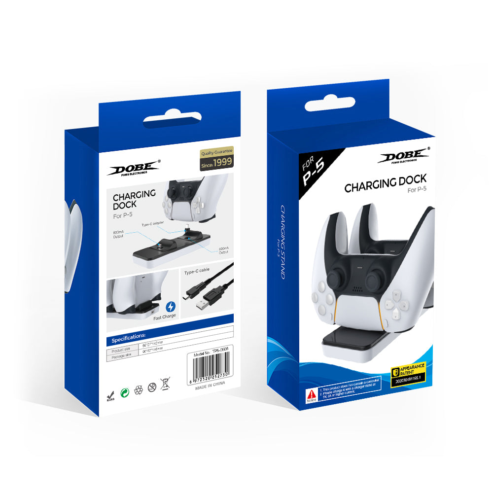 Two packaging boxes for a charging dock with blue and white design.