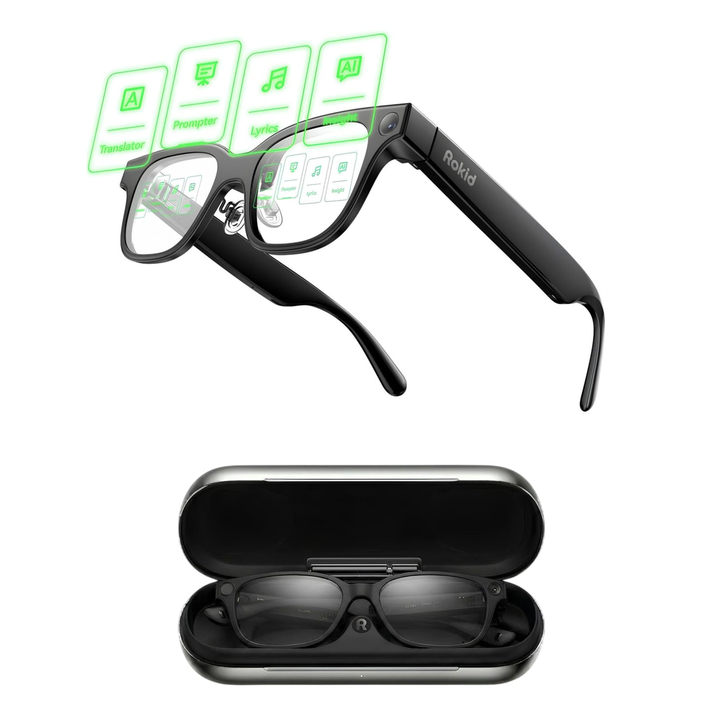 Rokid AI Glasses & Charging Case Bundle 4k Cam, 10 Full Charges, AI Assist