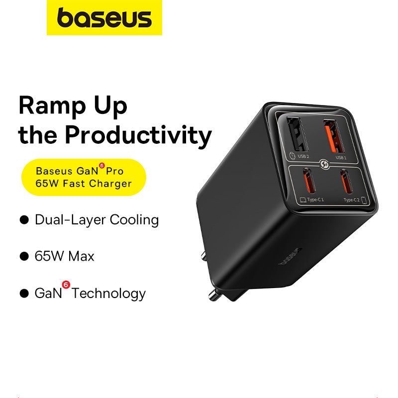 Baseus GaN Pro 65W fast charger with features listed on a white background