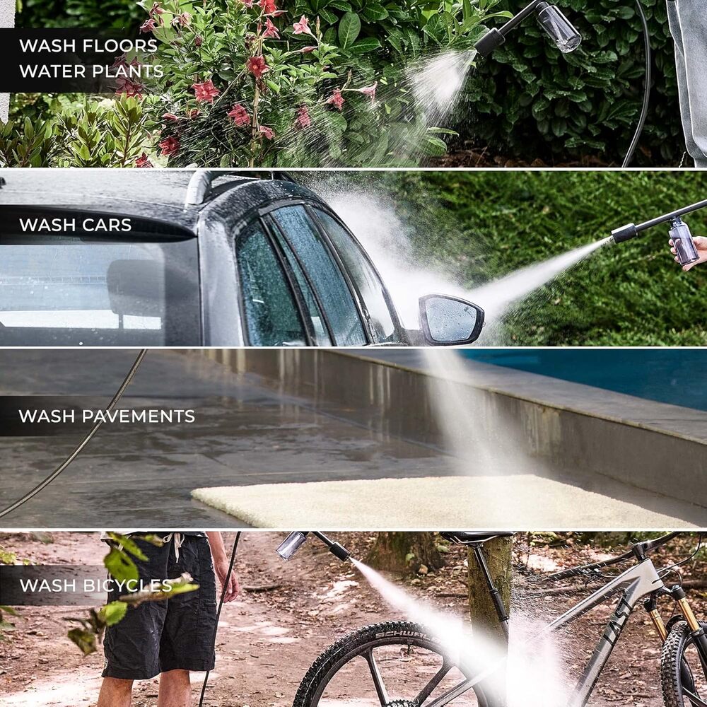 HOTO 20V Pressure Washer Pro, Collage of a pressure washer being used to wash floors, plants, cars, pavements, and bicycles.