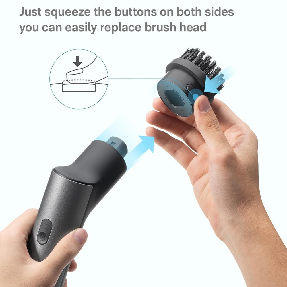HOTO Replacement Brushes for Electric Spin Scrubber, Hand holding a grooming tool with brush head replacement instructions on a white background