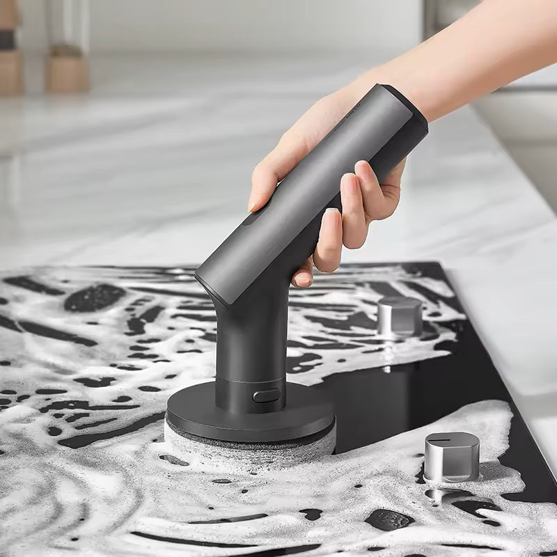 HOTO Replacement Pads for Electric Spin Scrubber, Person using a black floor cleaning tool on a tiled floor