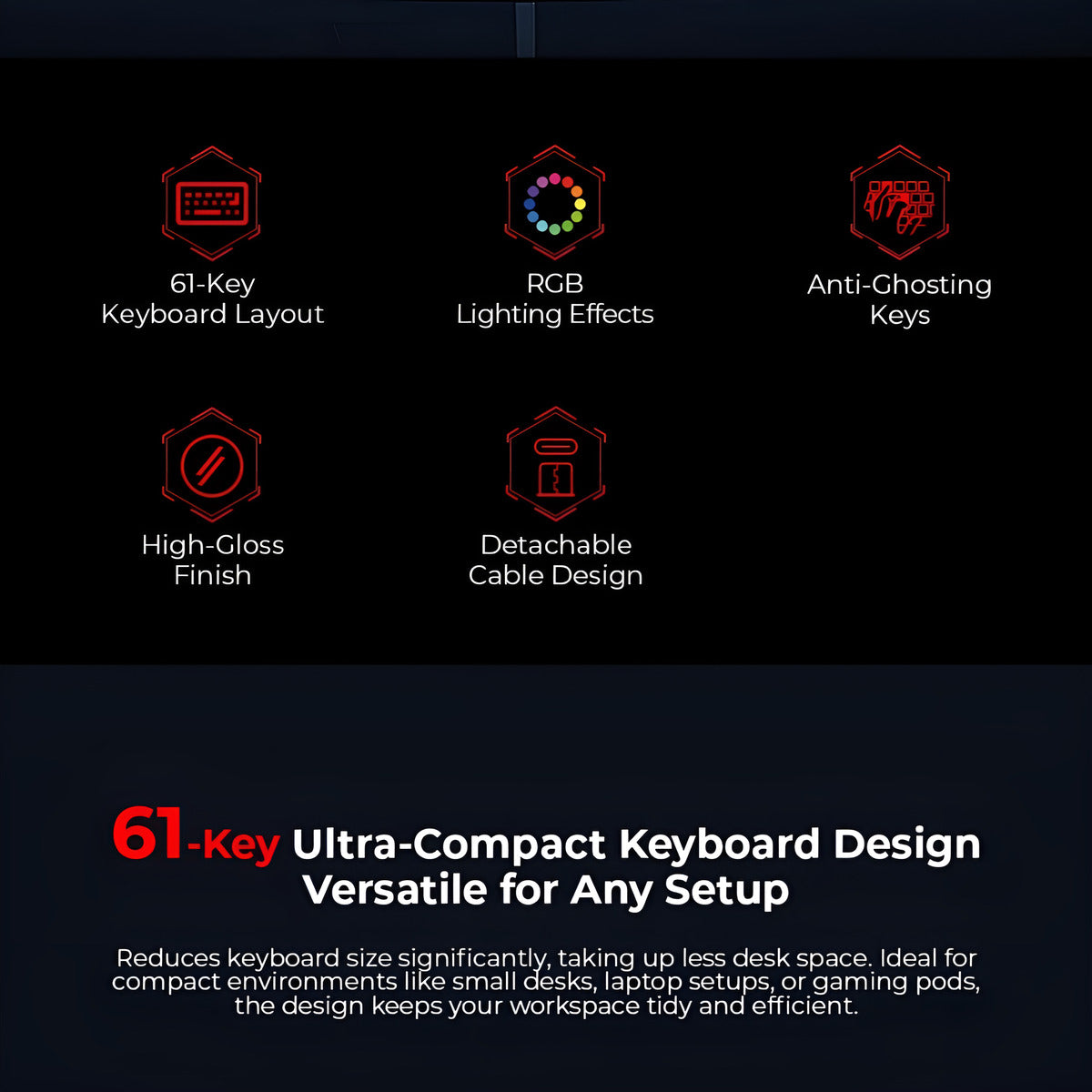 Features of a 61-key ultra-compact keyboard on a dark background with icons and text.