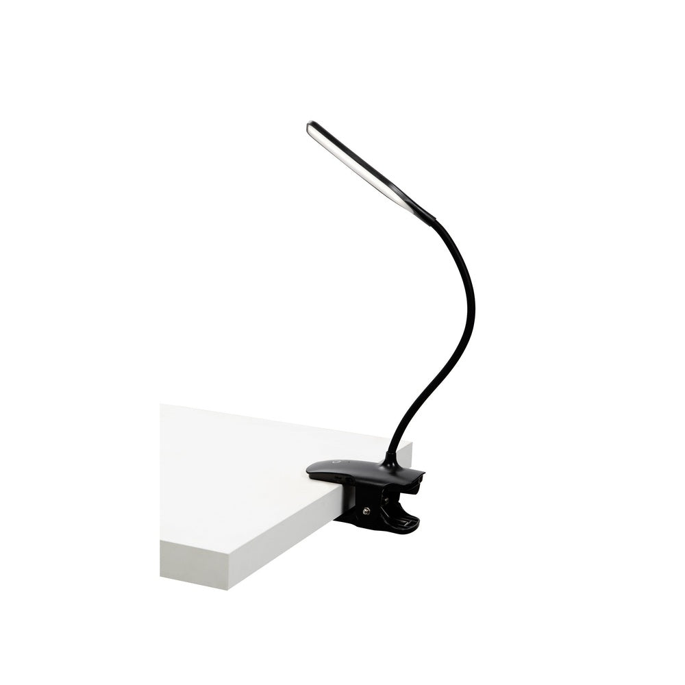 Black LED desk lamp with flexible neck on a white background
