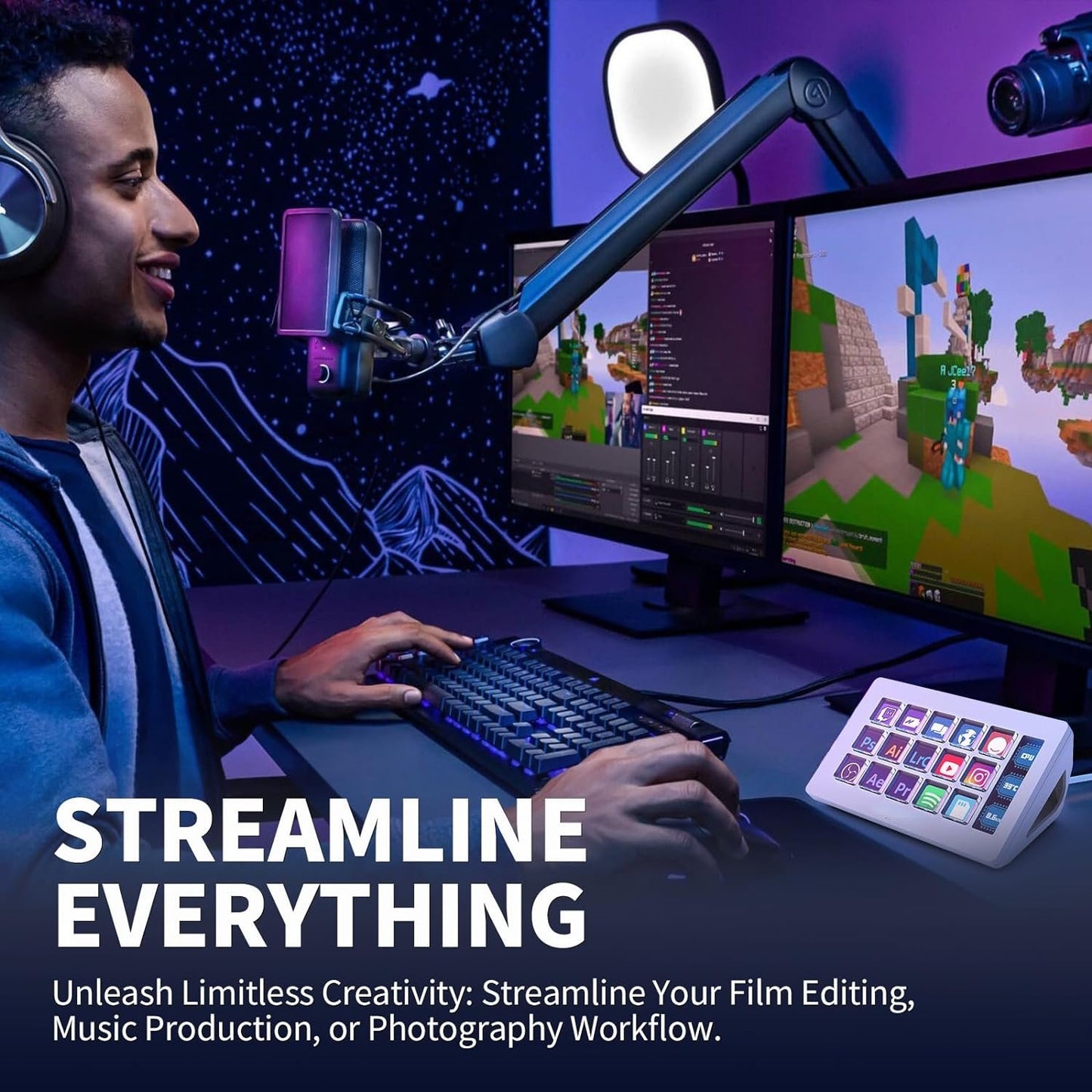 Person streaming or working on a computer with multiple monitors and gaming setup.