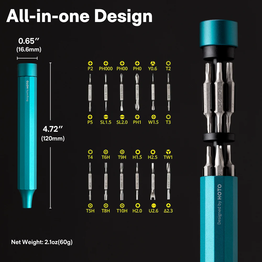 Teal screwdriver set with measurements and bit compatibility on a black background