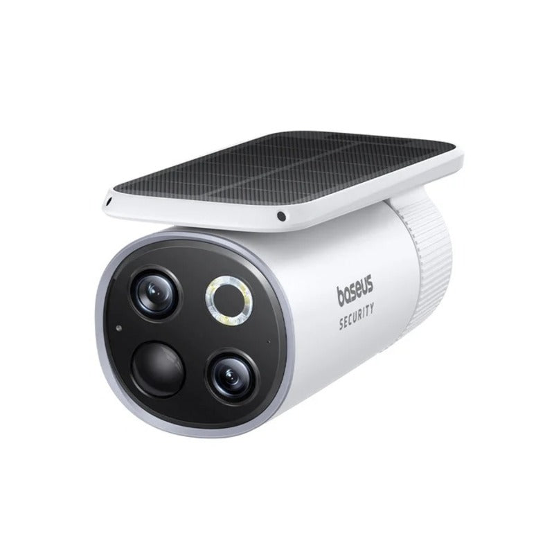 Solar-powered security camera with a black and white design on a white background
