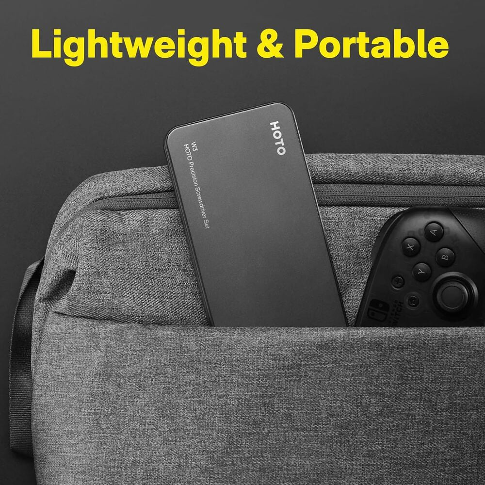 Portable hard drive in a gray bag with 'Lightweight & Portable' text above.