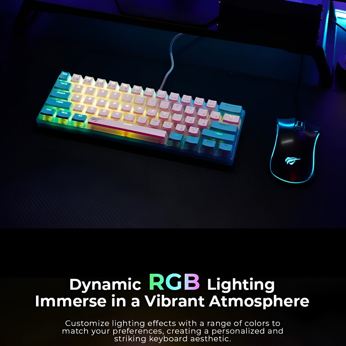 Gaming keyboard and mouse with dynamic RGB lighting on a dark surface