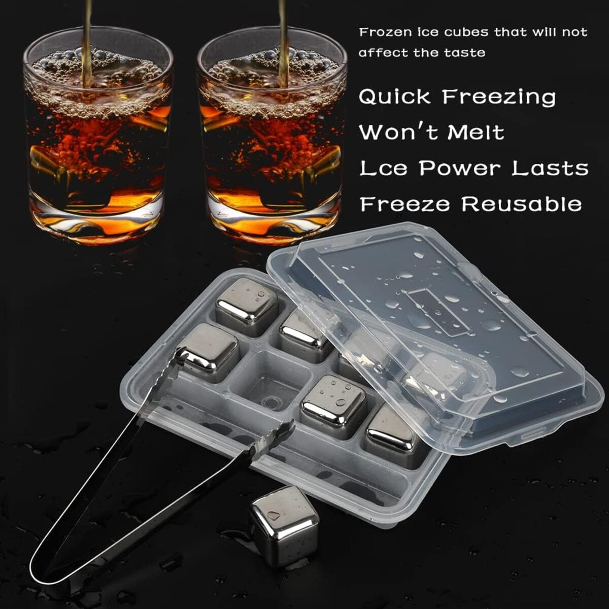 Ice cube tray with reusable ice cubes and text highlighting benefits on a dark background