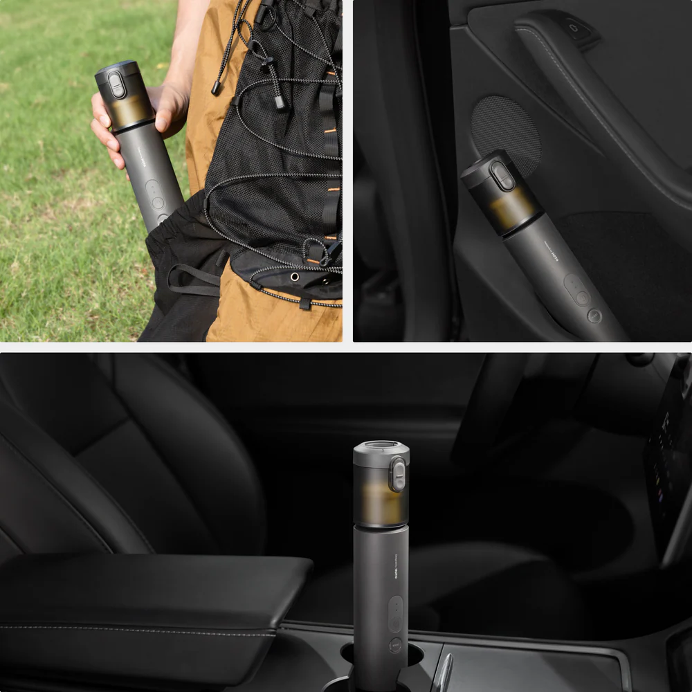 Collage of a portable device being used outdoors and inside a car.