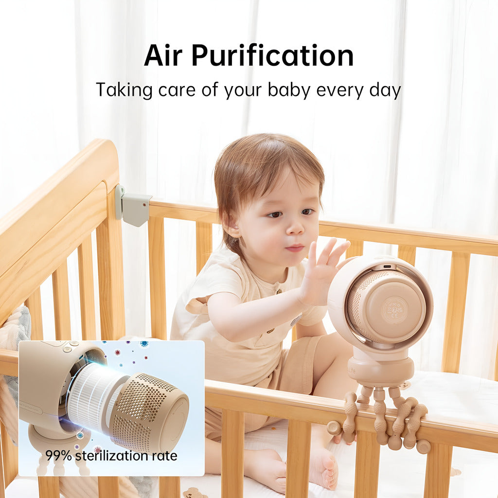 Baby in crib with air purification device, text 'Air Purification: Taking care of your baby every day'.