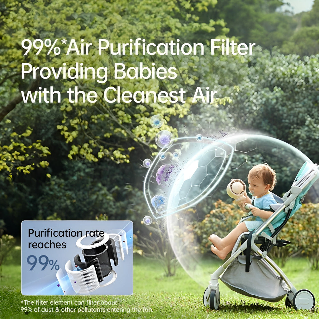 Stroller with air purification filter in a garden setting