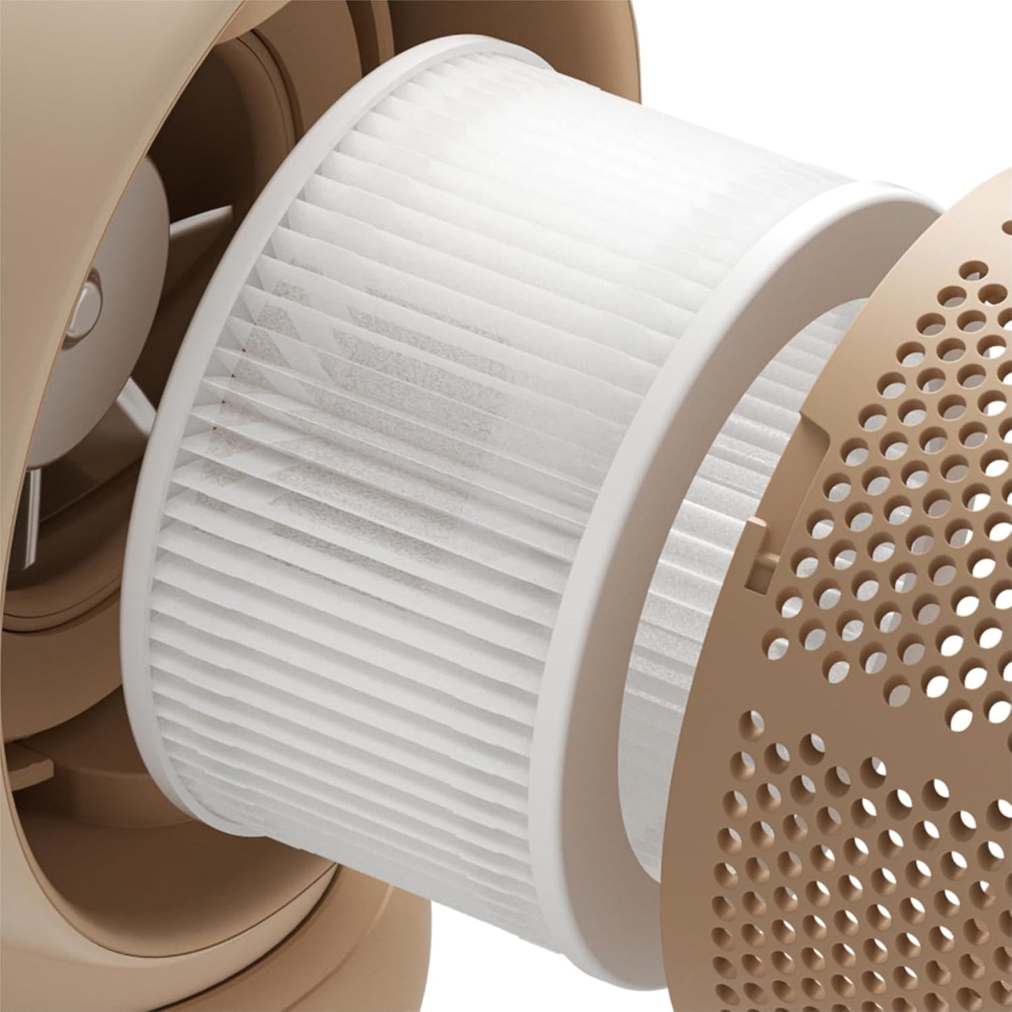 Close-up of a beige and white air filter on a white background