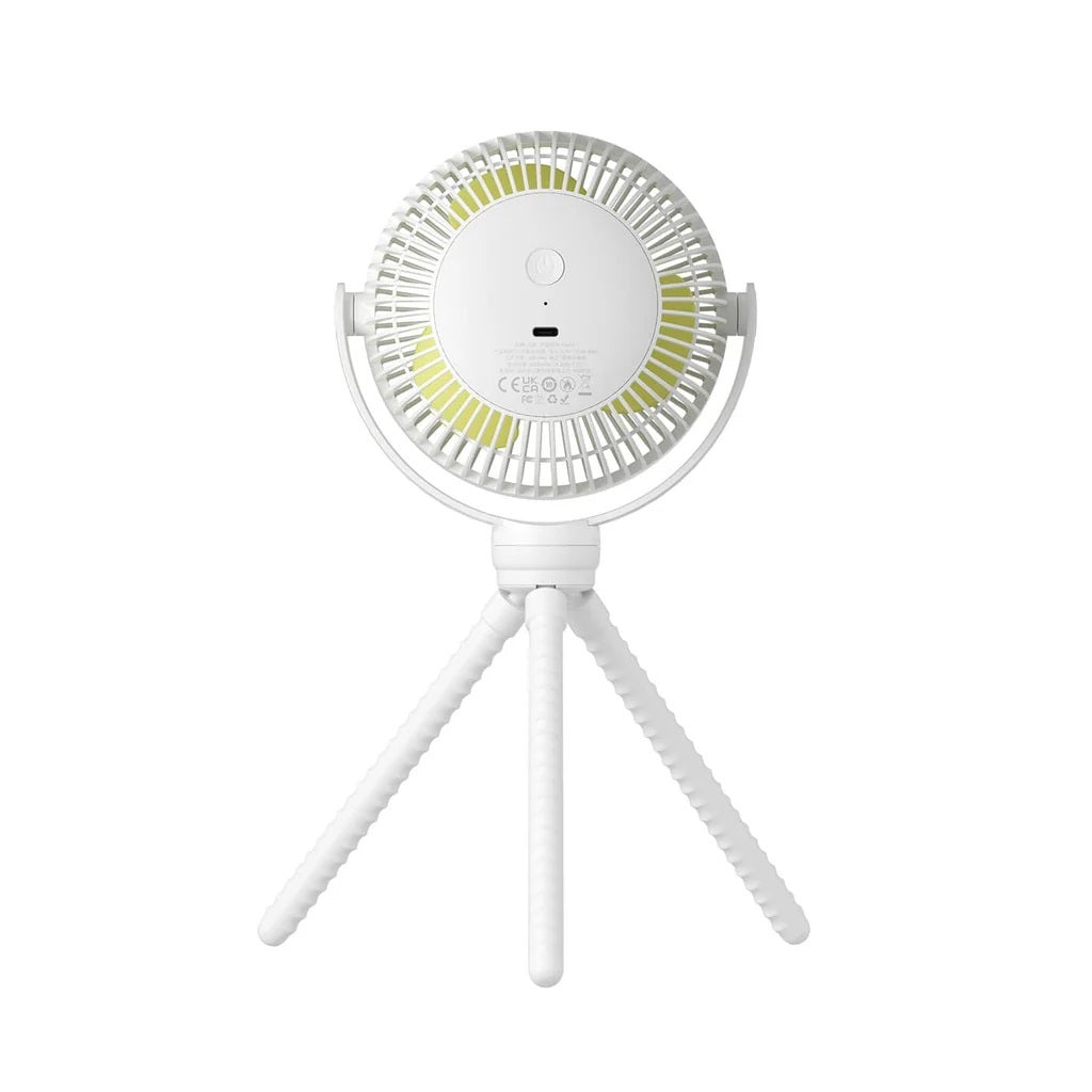 White handheld fan with a tripod stand on a white background