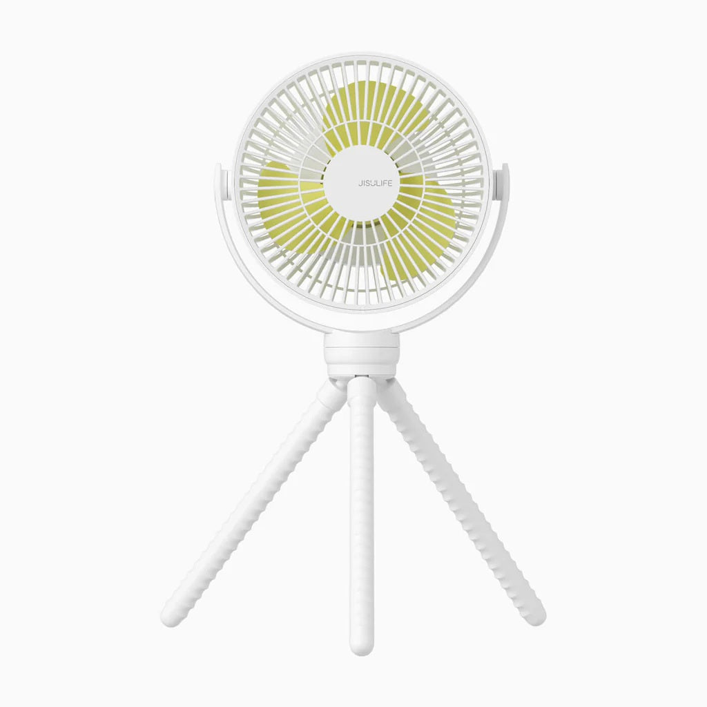 White handheld fan with yellow center on a white background