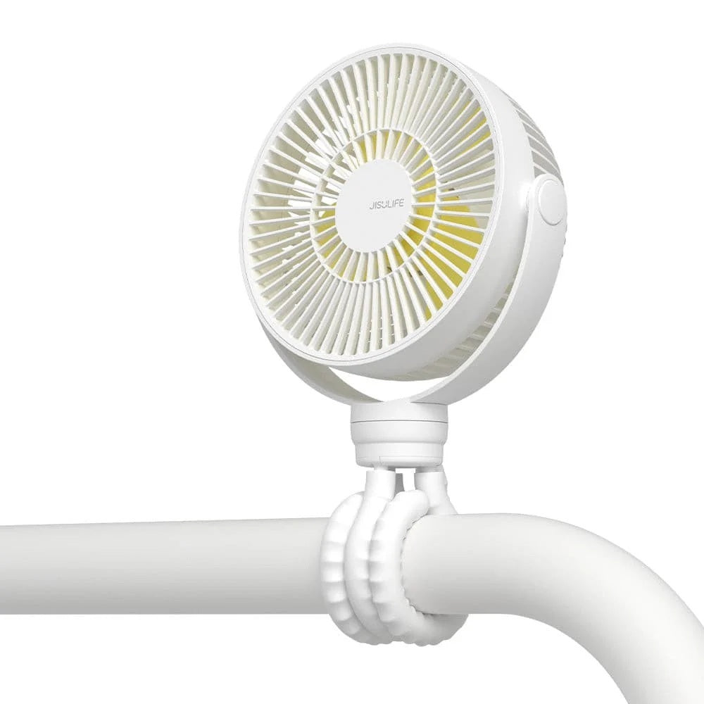White handheld fan with a clip on a white background