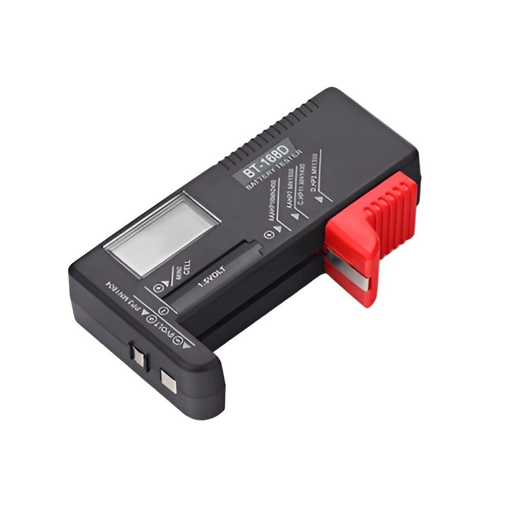 Black and red battery tester on a light gray background