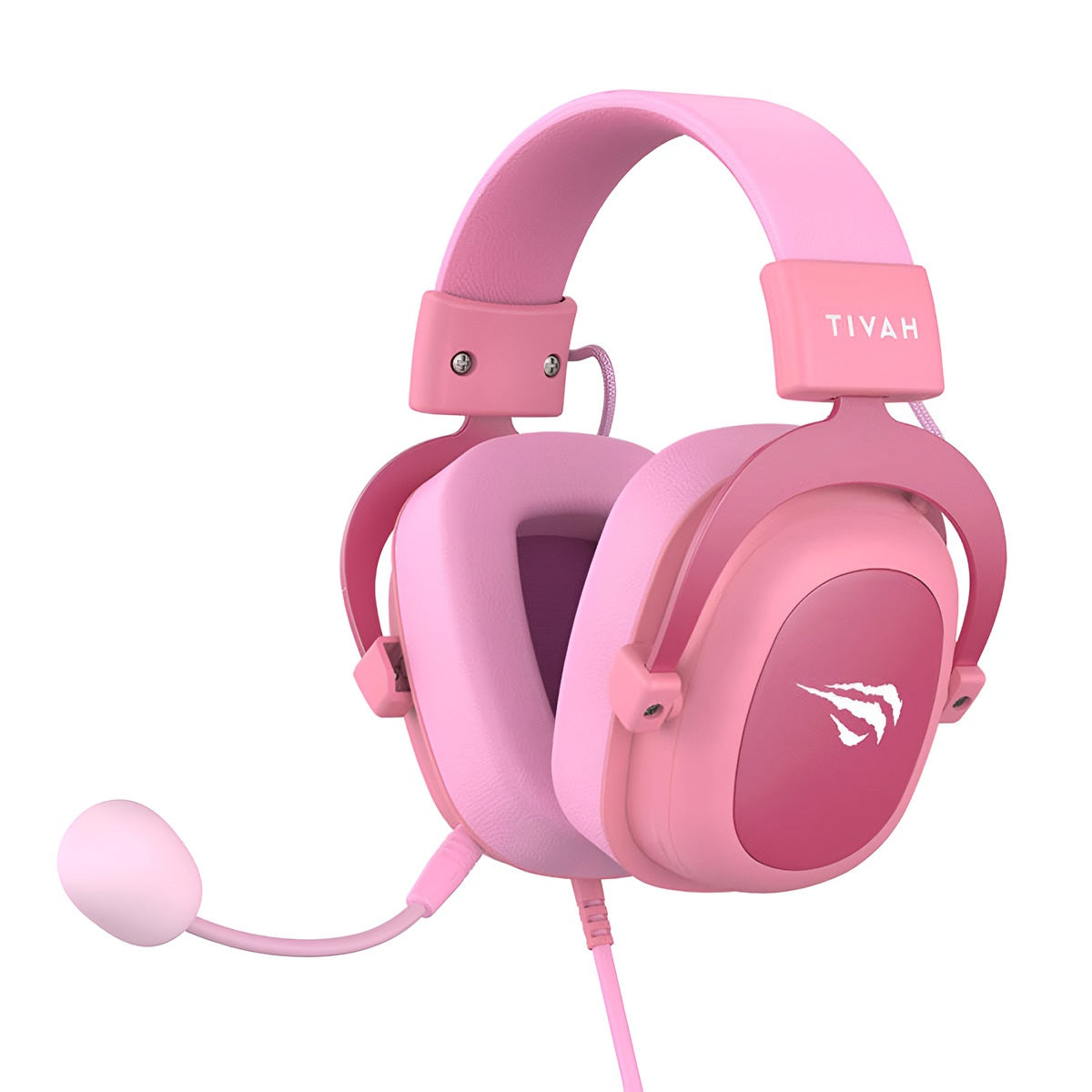 Pink gaming headset with microphone on a white background