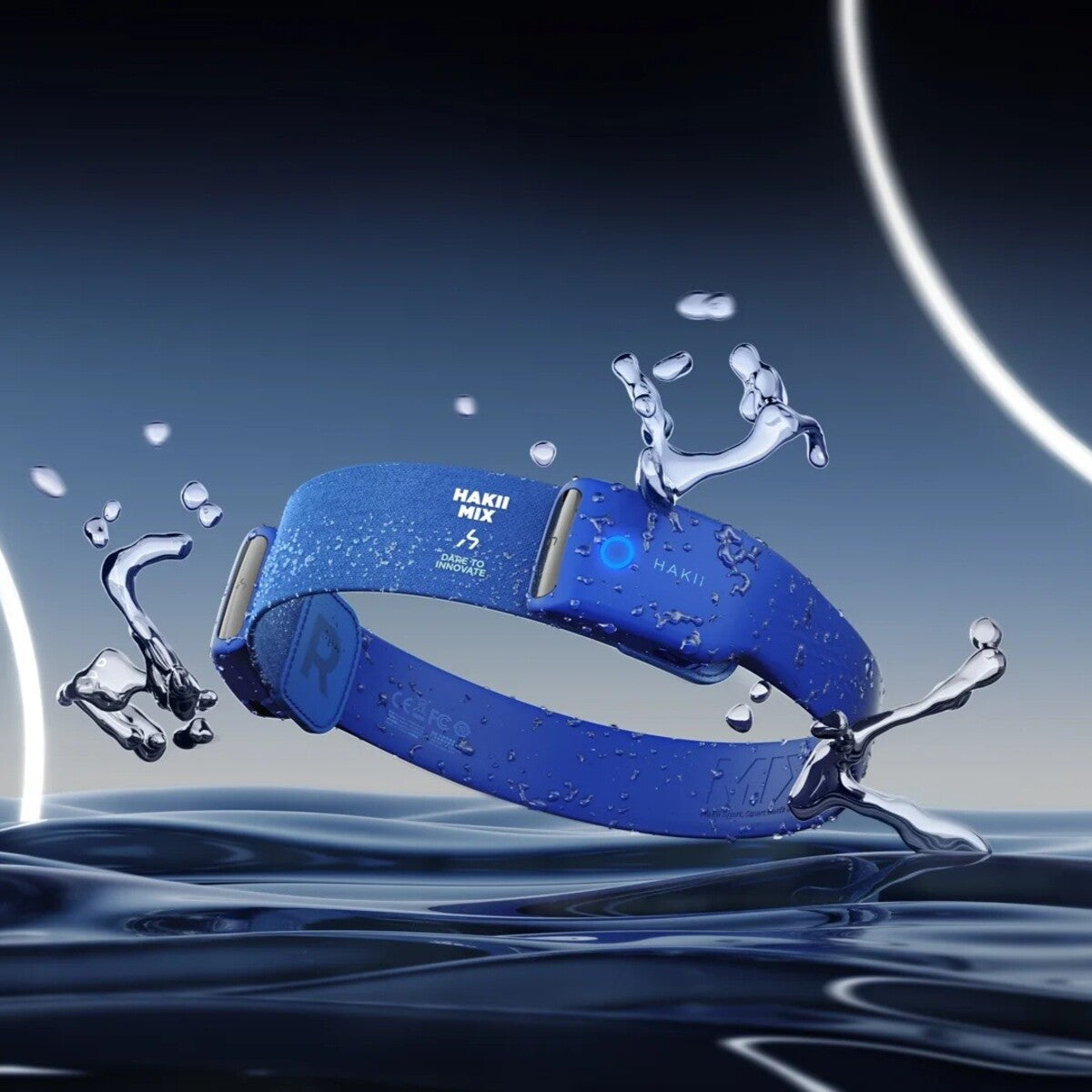 Blue dog collar with water droplets on a water surface and abstract background