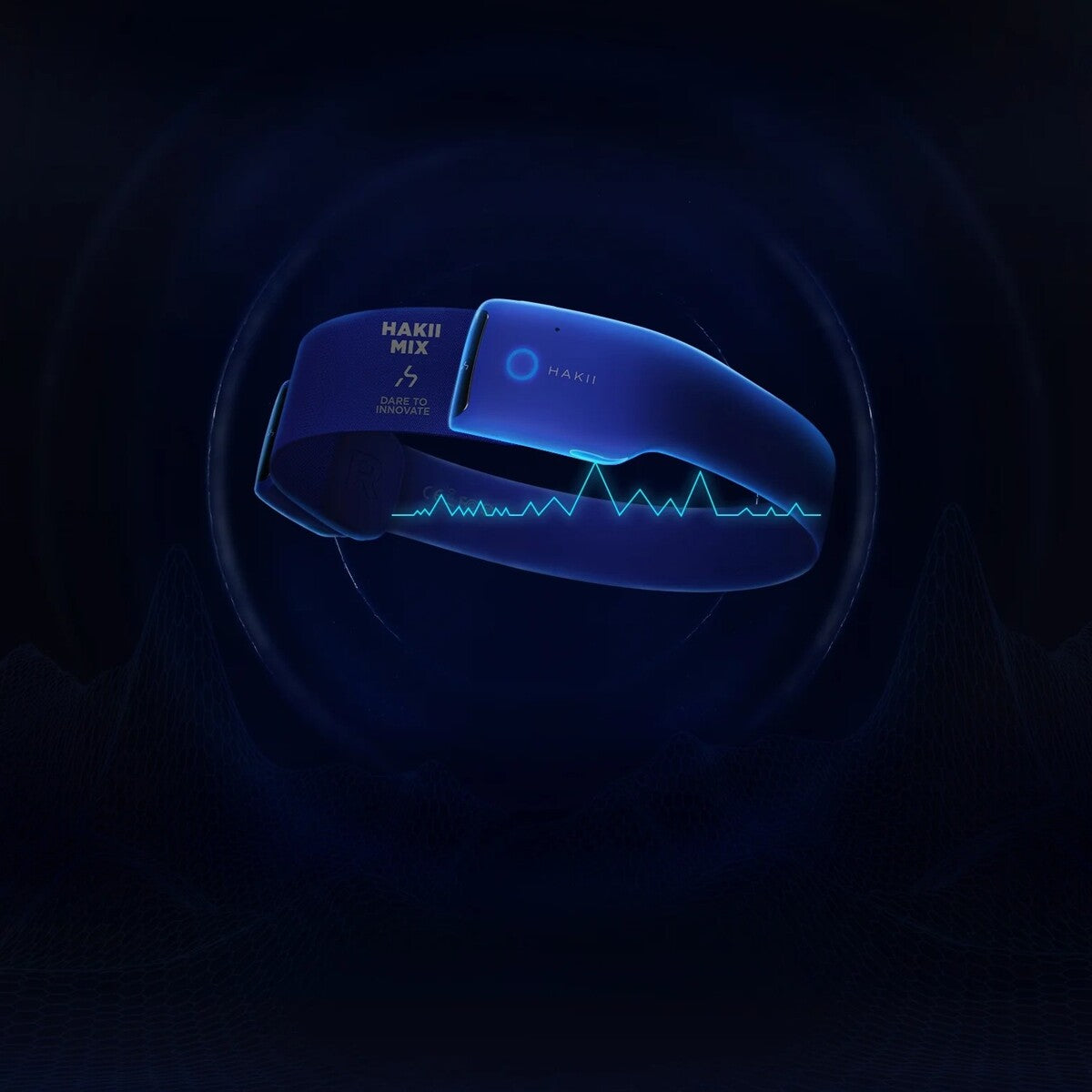 Blue headband with electronic components on a dark background