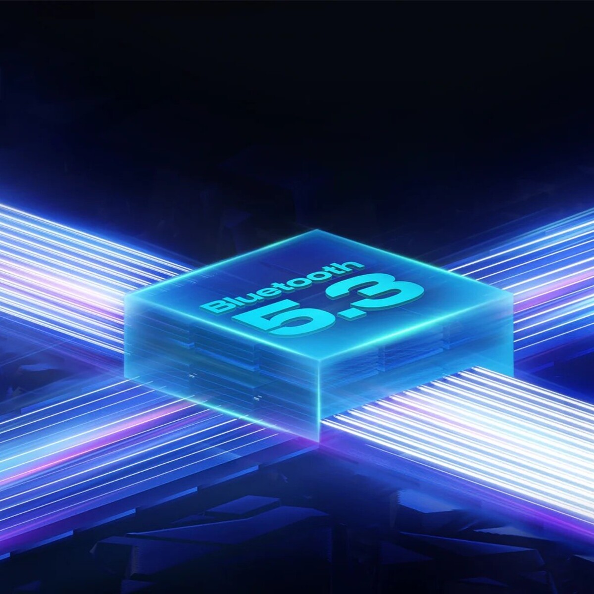 Neon blue cube with 'Bluetooth 5.3' text on a dark background
