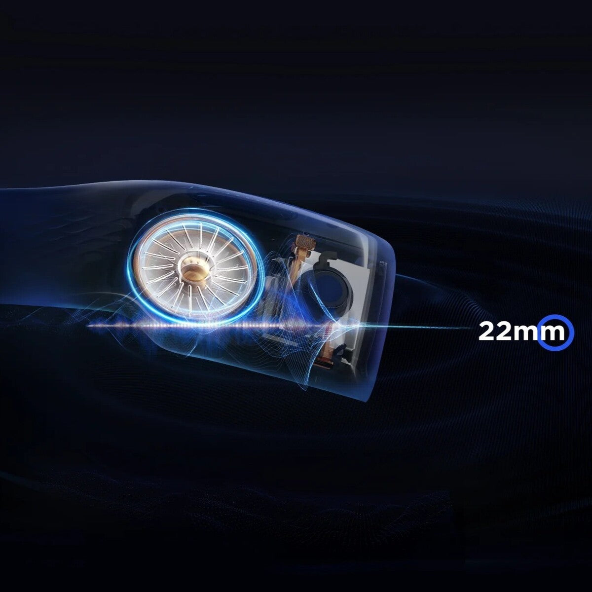 Close-up of a car wheel with a futuristic design on a dark background, featuring the measurement '22mm'.