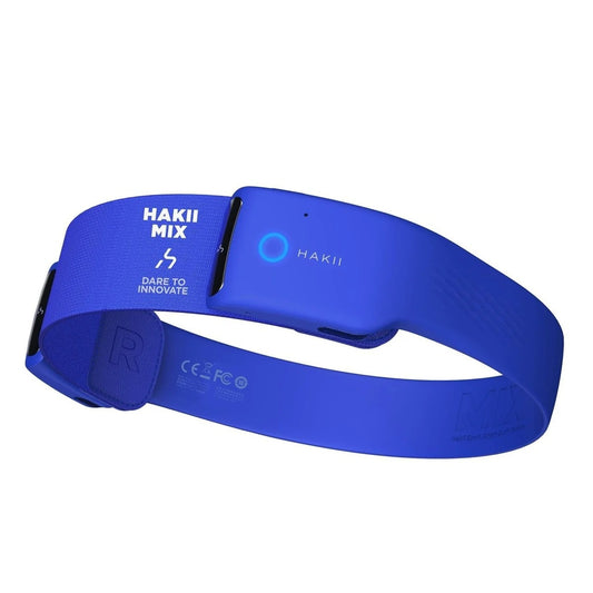 Blue fitness tracker with 'HAKII' branding on a white background