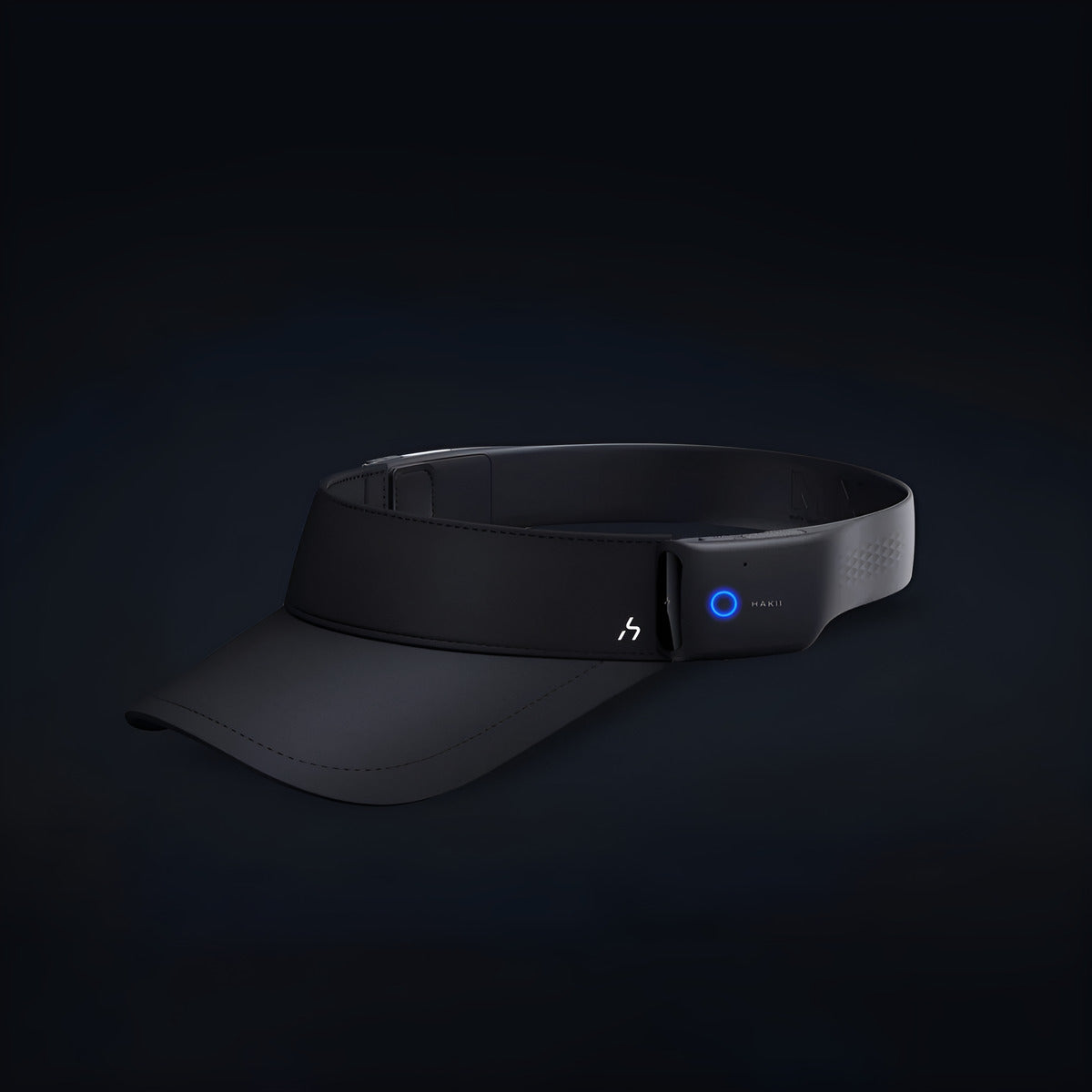 Black visor with a blue light on a dark background