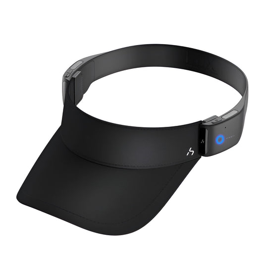 Black visor with electronic components on a white background