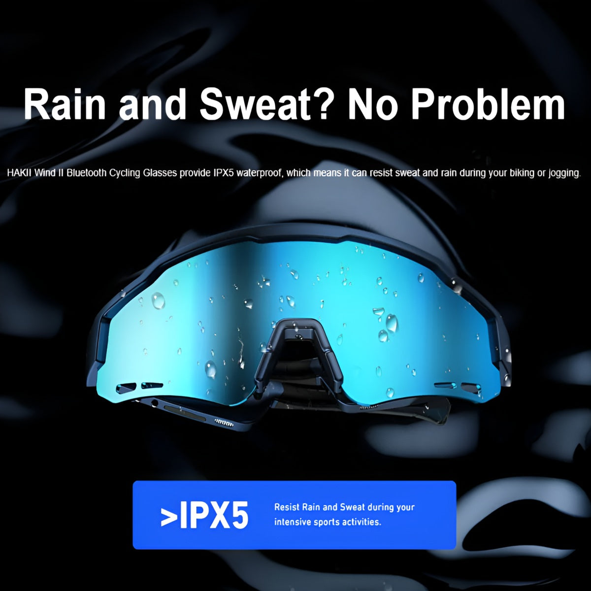 Bluetooth cycling glasses with water droplets on the lens, emphasizing IPX5 waterproof feature.
