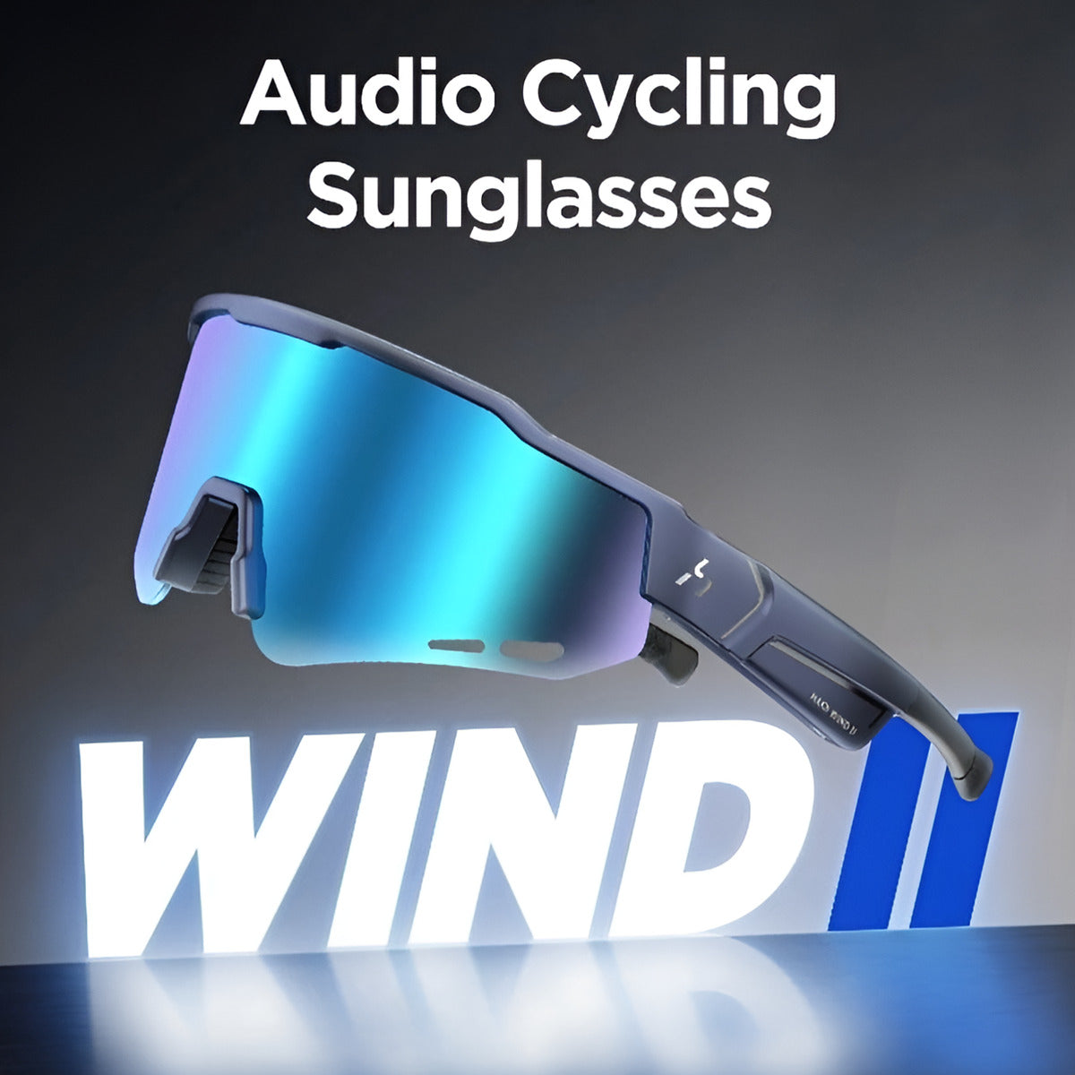 Audio cycling sunglasses with 'WIND' branding on a dark background