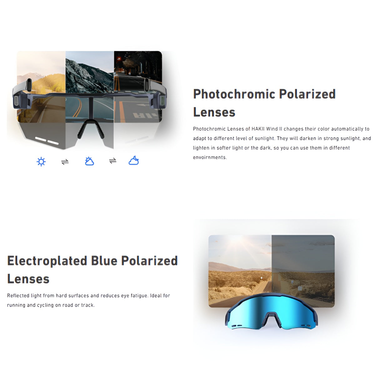 Sunglasses with photochromic and electroplated blue lenses on a white background