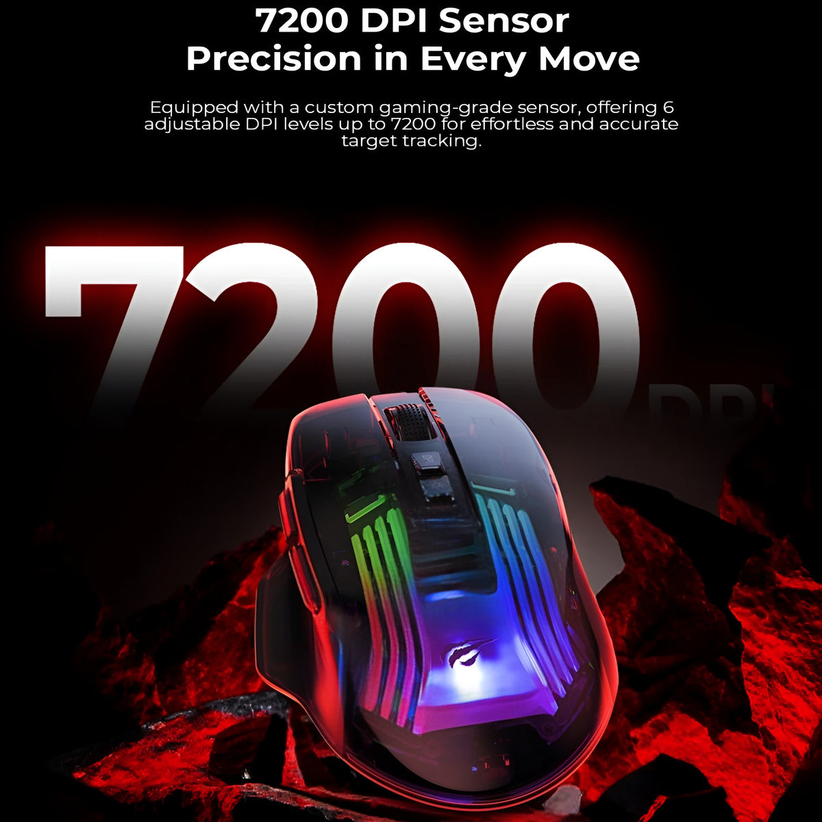 Gaming mouse with RGB lighting on a dark background, highlighting 7200 DPI sensor.