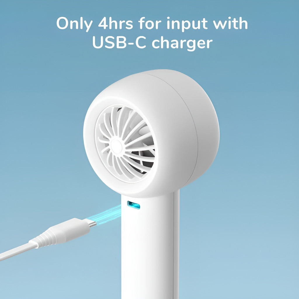 White handheld fan with USB-C charger on a blue background