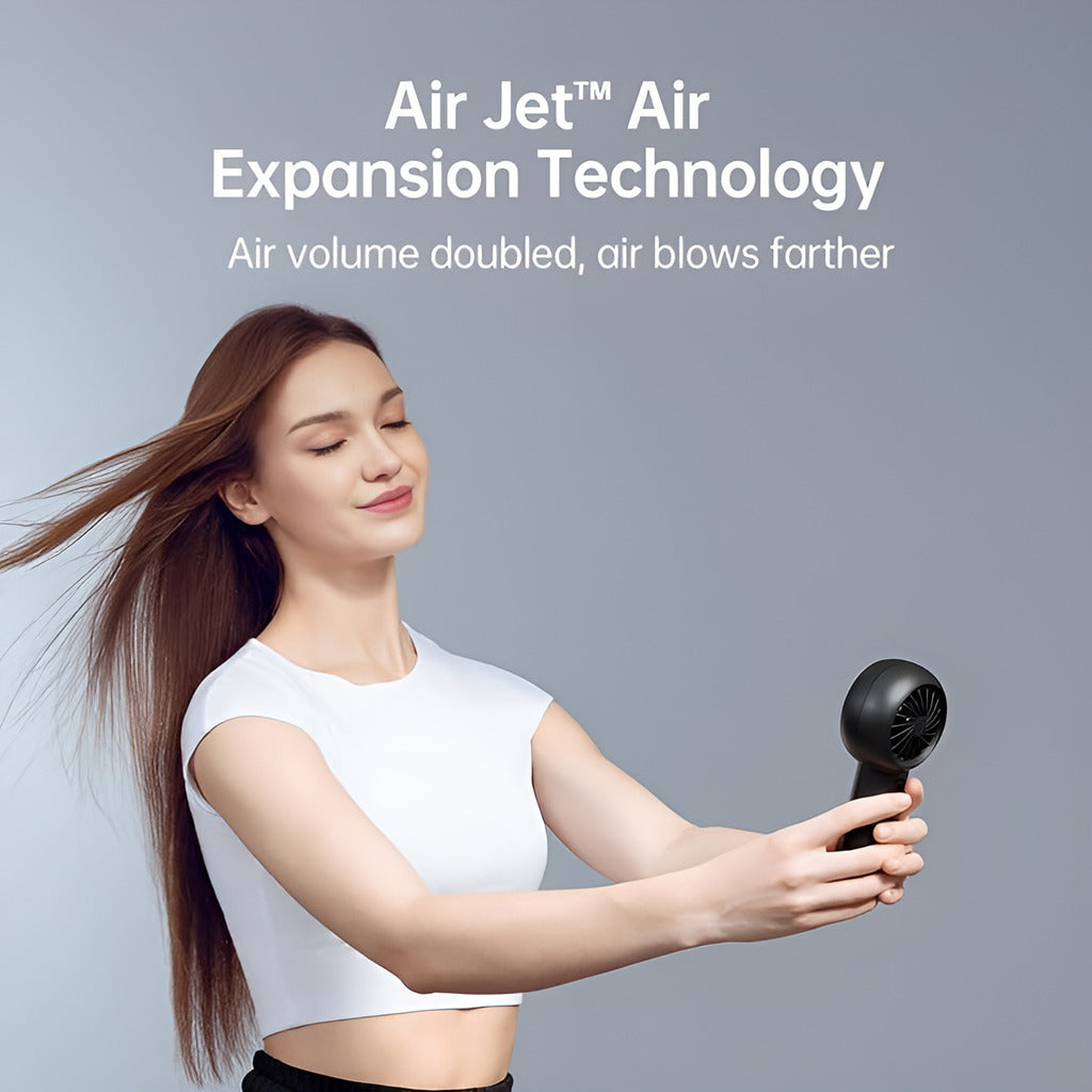 Woman using a hair dryer with text about Air Jet Air Expansion Technology on a gray background