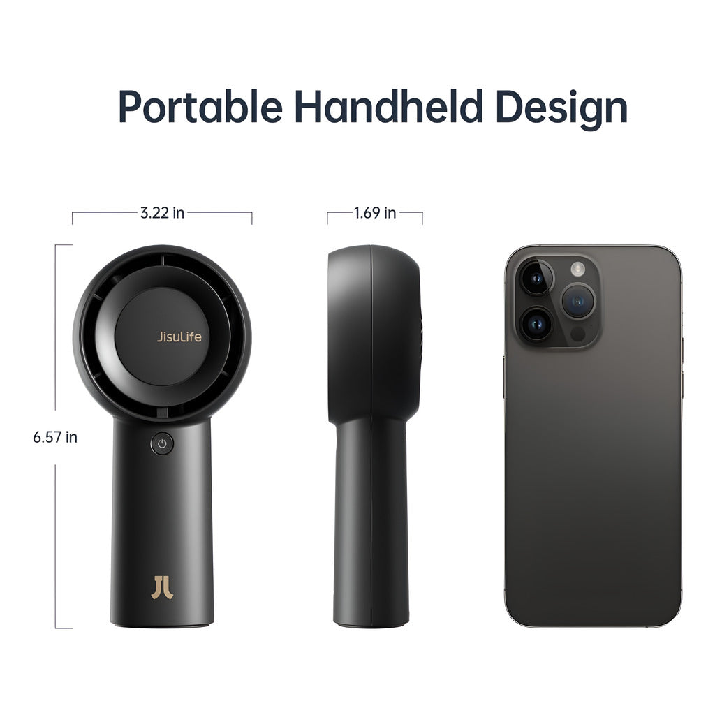 Portable handheld device with dimensions compared to a smartphone on a white background
