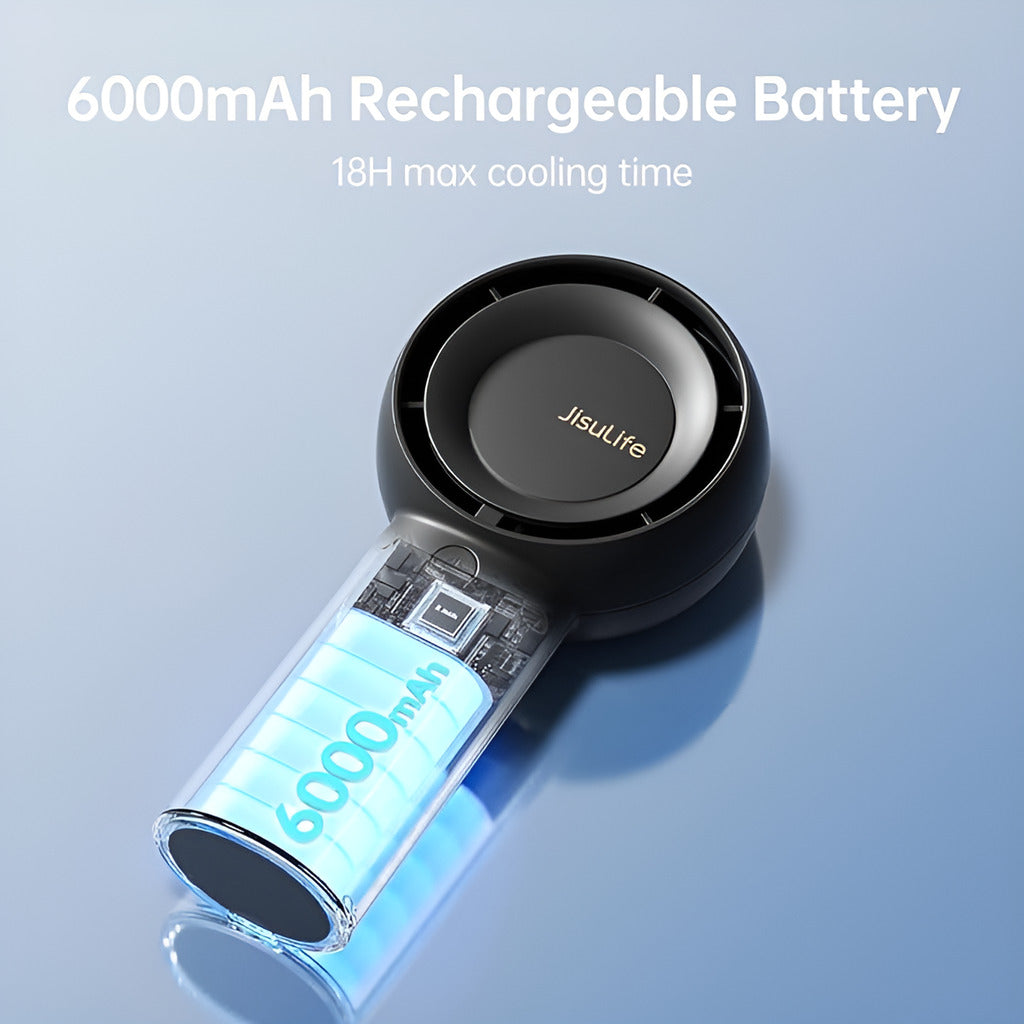 6000mAh rechargeable battery with cooling time on a blue background