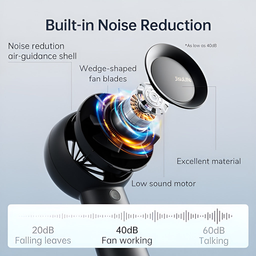 Illustration of a hair dryer with noise reduction features and sound level indicators.