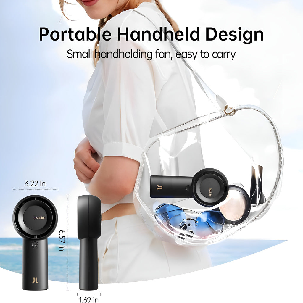 Handheld fan with portable design, shown in use and size comparison on a clear background.