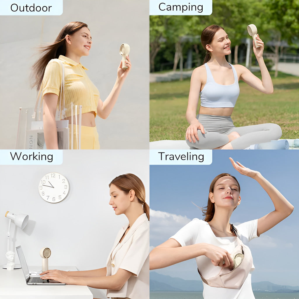 Woman using a hairbrush in various settings: outdoor, camping, working, and traveling.