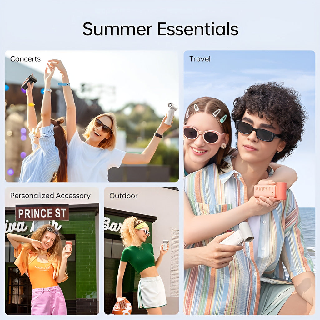 Collage of summer-themed images with people at concerts, travel, and outdoor activities.