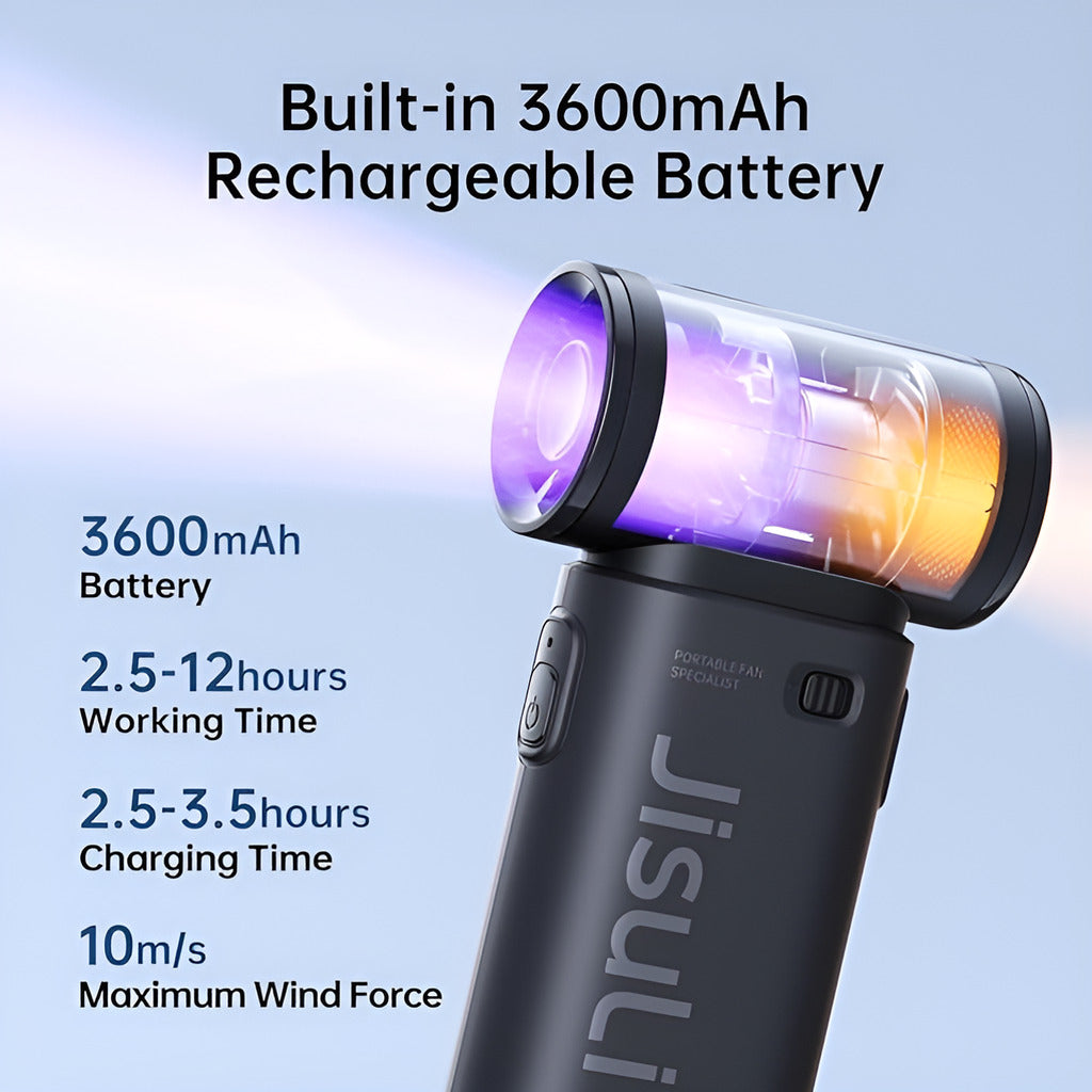 Jisuli handheld device with purple and orange light on a blue background, displaying battery information.