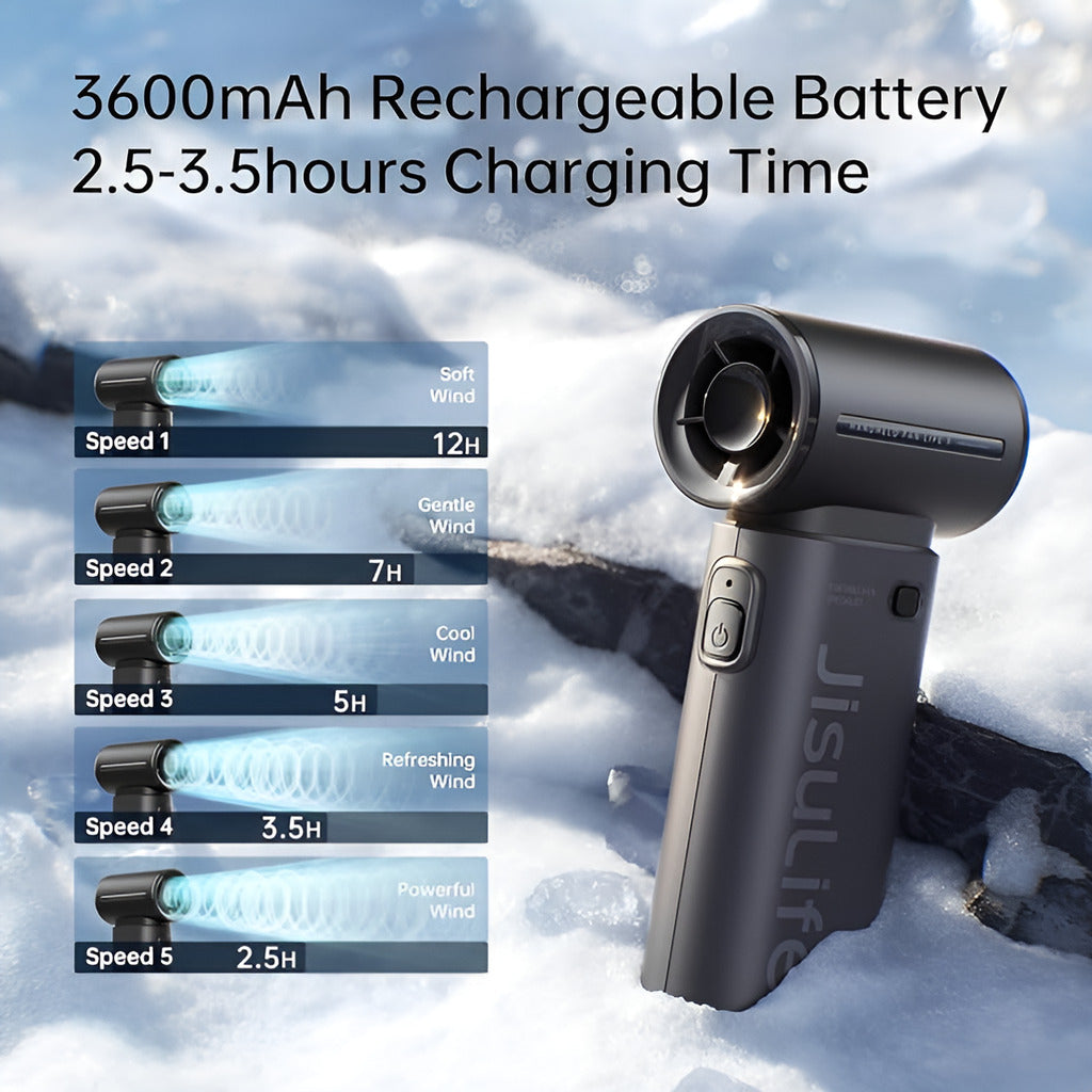 Handheld device with wind speed settings displayed on a snowy background