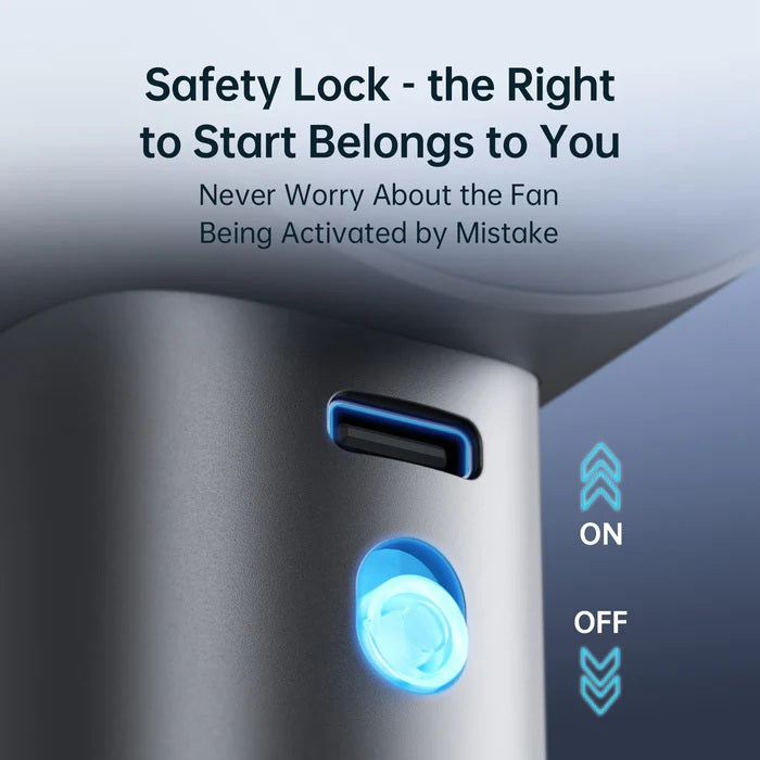 Product with safety lock feature and text emphasizing control over fan activation.