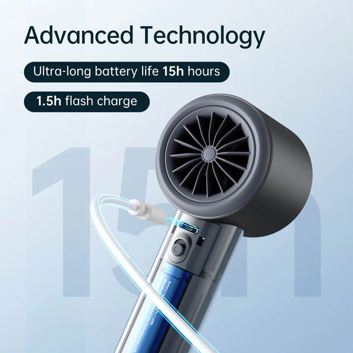 Hair dryer with text highlighting advanced technology features on a light blue background