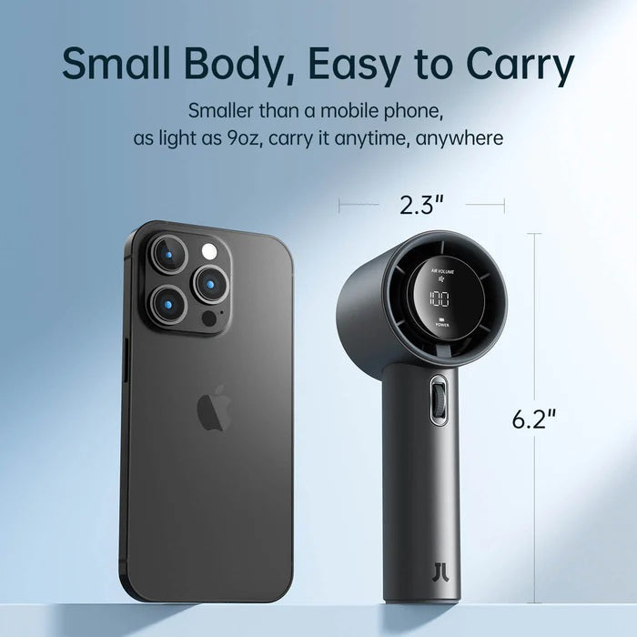 Black handheld device next to an iPhone with text about its size and portability on a light blue background