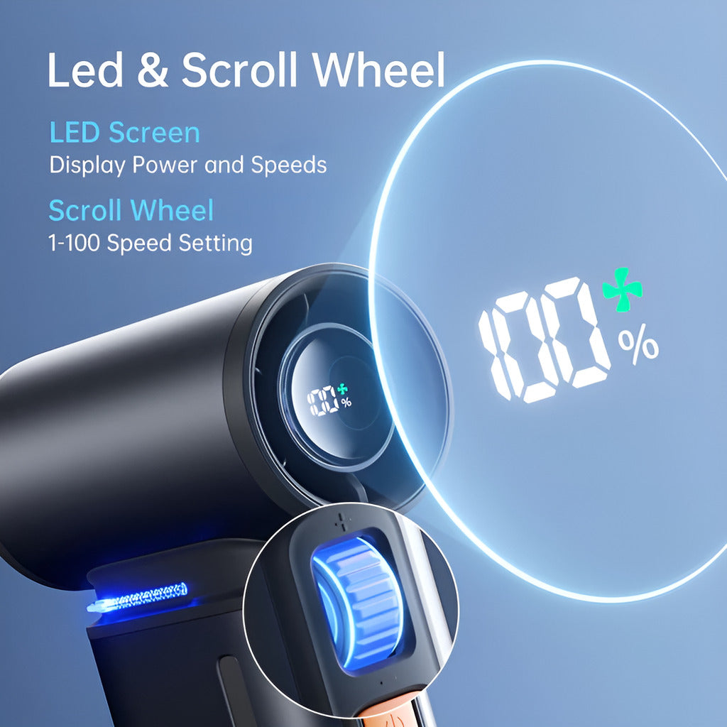 Hair dryer with LED screen and scroll wheel on a blue background